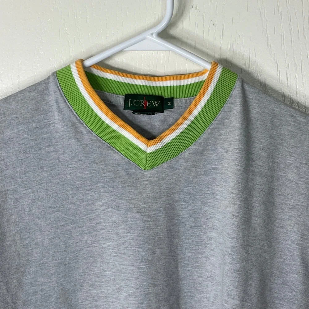 J. Crew Oarsman Mens Medium Gray V-Neck Shirt Striped Collar Short Sleeve Preppy
